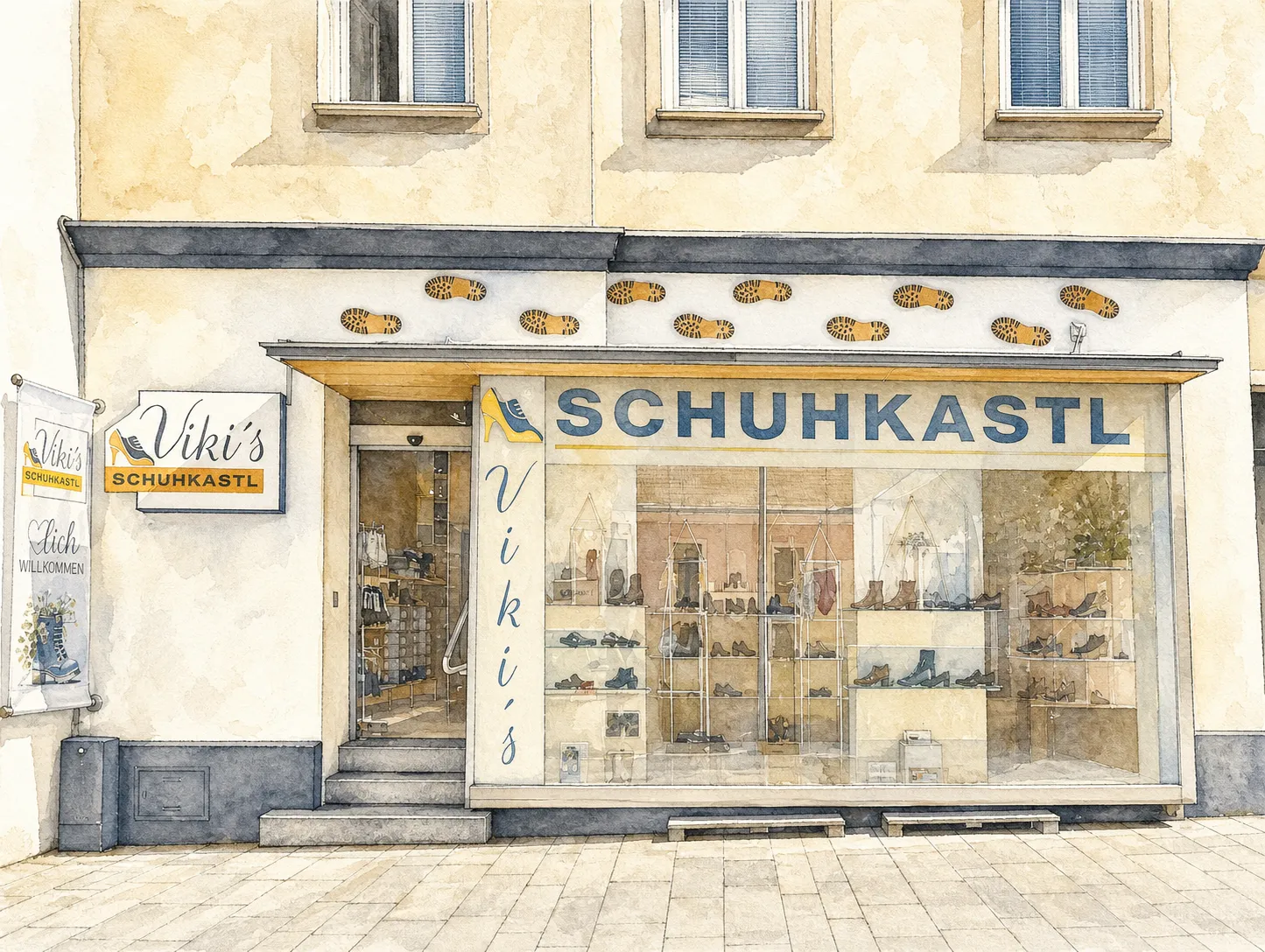 Aquarell des Schaufensters von Viki's Schuhkastl am Hauptplatz